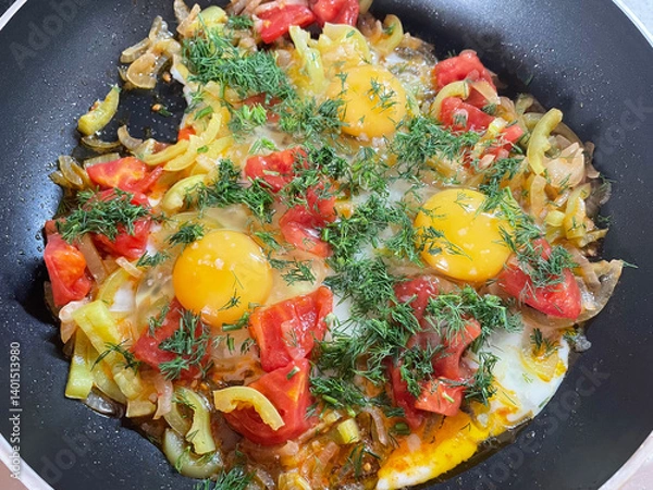 Fototapeta Fried eggs in the process of cooking. Three raw eggs broken in a black frying pan on a layer of already fried onions, peppers, tomatoes and sprinkled with fresh dill on top, close-up, top view.