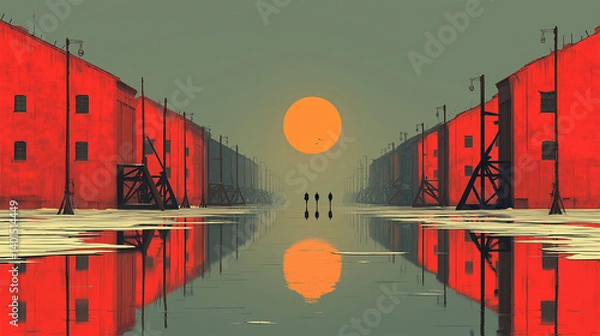 Obraz Holocaust minimalist art with red barracks, three figures and symbolic sunset reflection
