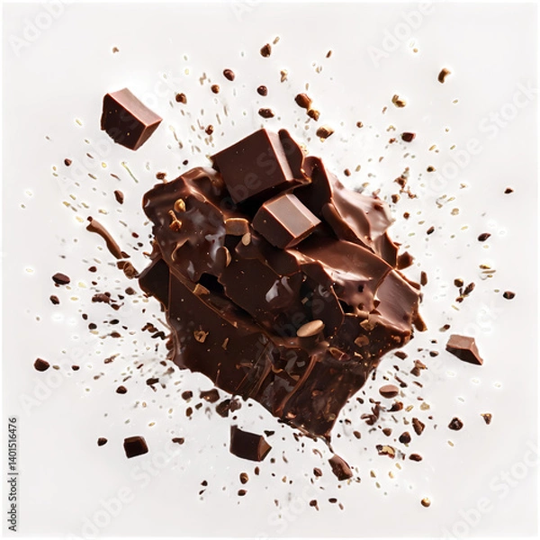 Obraz Falling Chocolate Chunks and Cocoa Nibs in Air – Macro Explosion on Transparent Background