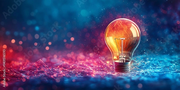 Fototapeta wide isolated filament light bulb in dark colorful neon background with copy space 