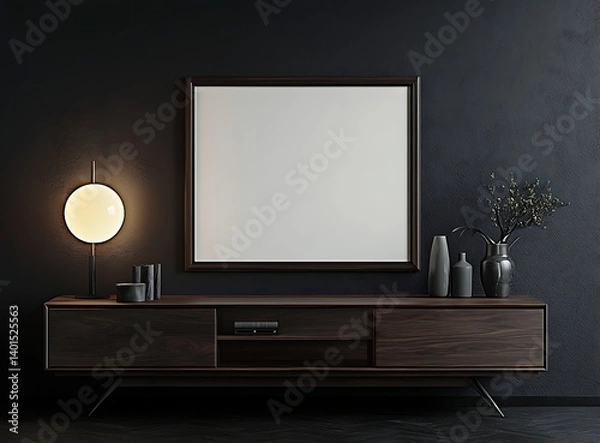 Fototapeta White mockup of a blank poster frame on the wall above a wooden TV stand in a dark room with a modern interior, a sideboard, and a lamp