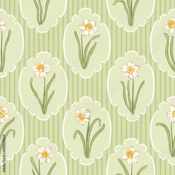 Obraz Vintage daffodil medallion vector seamless pattern with scalloped cameo frames and striped background. Delicate spring garden floral print for botanical cottage Easter textiles and fresh country decor