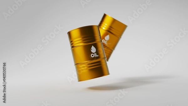 Obraz Two floating gold metal oil barrels on white background. Front view with shadow. Falling fuel tanks. Oil industry concept. 3d render illustration