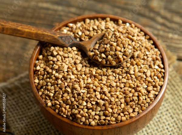 Fototapeta Organic buckwheat groats in a wooden bowl with a spoon on a linen napkin on a wooden table.