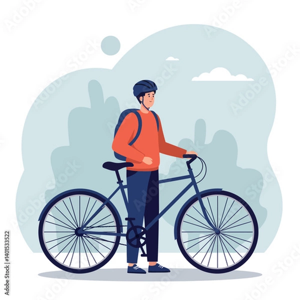 Fototapeta A young man standing beside his bicycle in a casual outfit, showcasing a flat and minimal design style in vector art