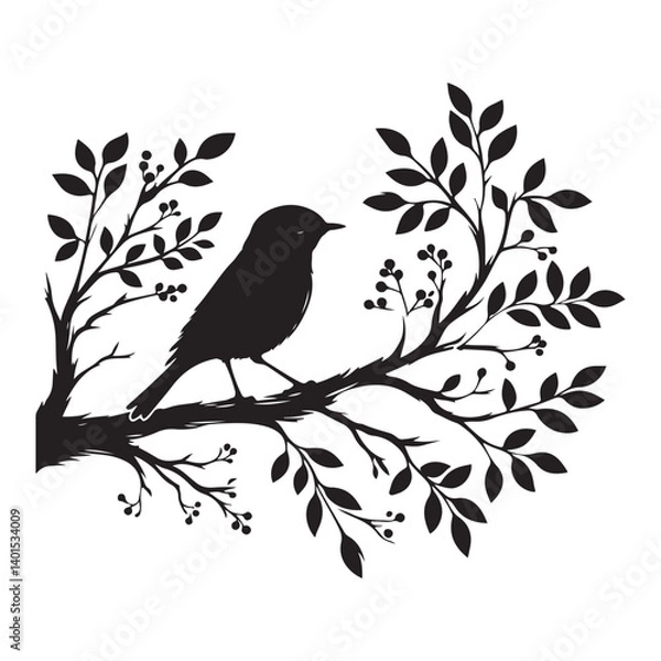 Fototapeta Silhouette of bird sitting on a branch with leaves and berries