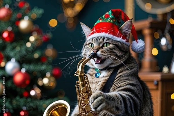 Obraz Festive Cat Jamming on Saxophone for Joyous Celebration