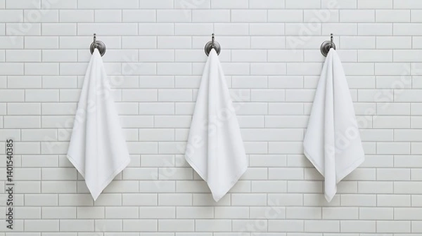Obraz White towels hanging on a tiled bathroom wall