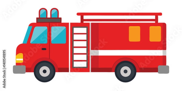 Fototapeta Red Cartoon Fire Engine Vector Illustration Isolated On White Background
