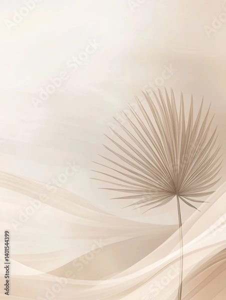 Obraz Minimalist Design Featuring a Single Palm Leaf Against Soft Sand-Toned Background Creating a Serene Atmosphere for Relaxation and Meditation