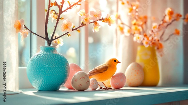 Fototapeta A charming scene depicts a yellow bird, coloured Easter eggs, and floral arrangements, perfect for spring or Easter celebrations, by a sunlit window.