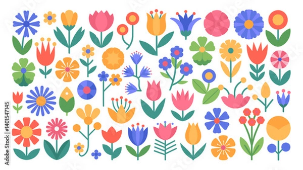 Fototapeta Colorful flat vector collection of various decorative flowers in bloom with geometric shapes and vibrant petals, displayed on a white background