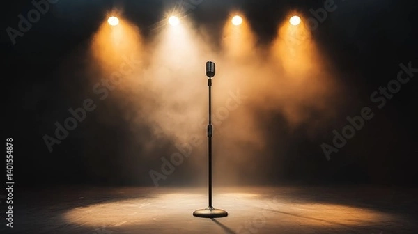 Fototapeta A vintage microphone stands alone on stage, illuminated by warm spotlight beams, creating an atmospheric and dramatic setting.