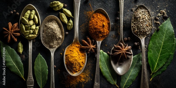 Obraz Overhead shot of various spices in vintage spoons, arranged on dark background with bay leaves and star anise.  Showcase of culinary ingredients, symbolizing flavor and aroma