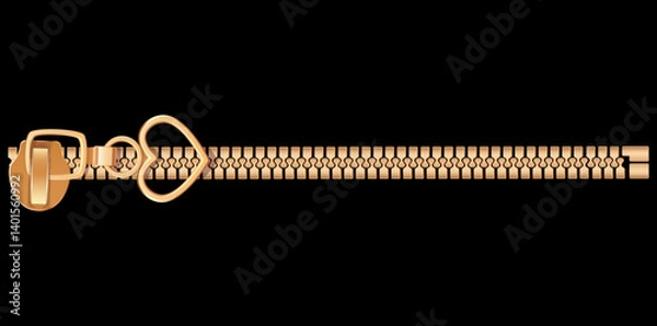 Fototapeta Realistic Golden Zipper Isolated On Black Background, Zip With Metal Puller Vector Illustration.

