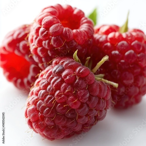 Obraz A close up view of a small pile of ripe red colored raspberries isolated on white background