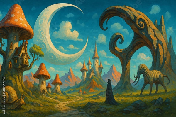 Fototapeta A surreal landscape filled with bizarre shapes and fantasy elements. Moonlight, floating rocks, magical mushroom houses and mysterious creatures among twisted trees and a shining sky