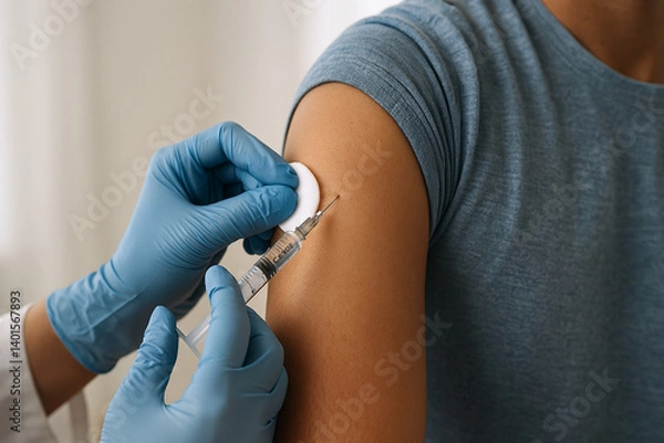 Fototapeta Close-up of vaccination process. Medical worker in gloves gives injection to patient's shoulder. Syringe, patient's hand and doctor's careful actions are visible