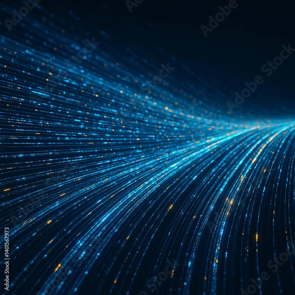 Fototapeta Data flow in the form of glowing lines and digital streams rushing through cyberspace. Bright blue and orange shades create the effect of movement and dynamics
