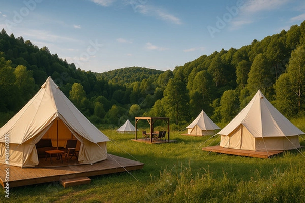 Fototapeta Photo of a cozy glamping site against the backdrop of picturesque nature. Tents on wooden platforms are located in the middle of a flowering meadow, surrounded by forest and hills