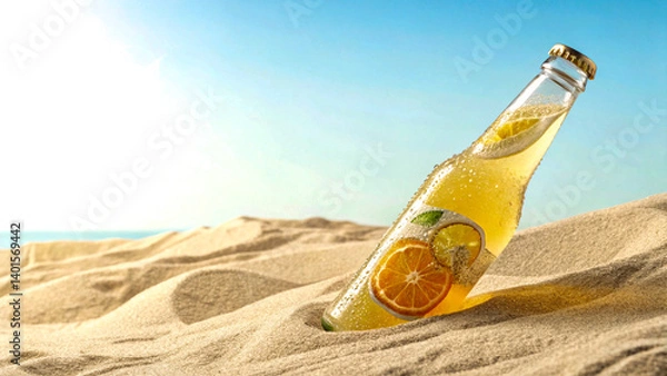 Obraz Summer Refreshment in Tilted Clear Bottle on Soft Sand