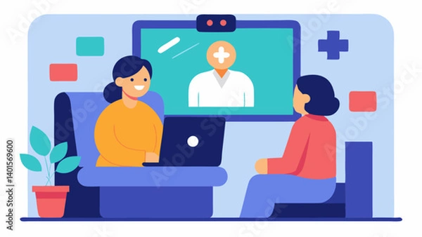 Fototapeta Telemedicine Consultation A patient sitting in a cozy living room engaging in a video call with a physician displayed on a large screen highlighting remote healthcare delivery.