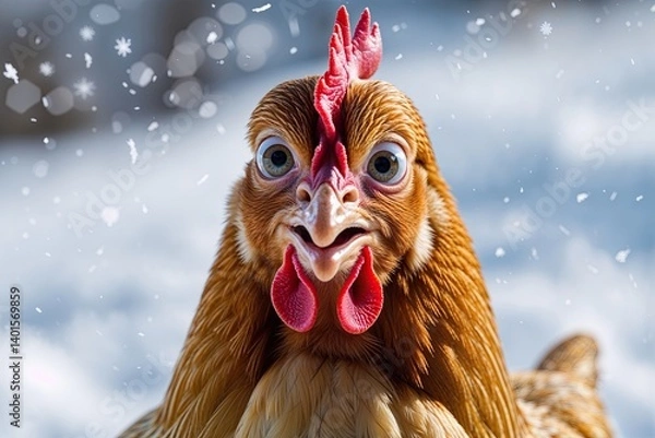 Fototapeta Curious Chicken with Goofy Expression Clucking in a Snowy White Setting