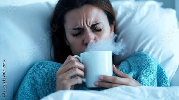 Obraz A woman in bed looks distressed while holding a steaming mug, suggesting discomfort or illness.