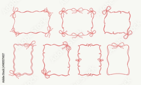 Fototapeta Bow Frame Y2K Coquette Pen Outline Cute Fashion or Baby Shower Feminine Ribbon Border, Charming Rectangle or Square Ink Doodle for Valentine Vector Illustration