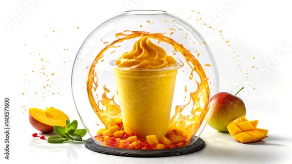Obraz Thick Mango Smoothie Swirling Inside a Fiery Transparent Sphere