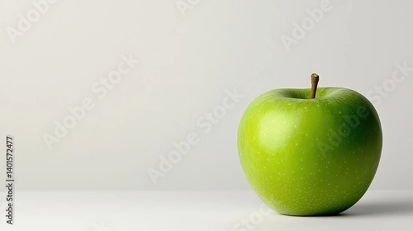Fototapeta A single green apple sits on a minimalist surface, highlighting its vibrant color and smooth texture against a soft, neutral backdrop.