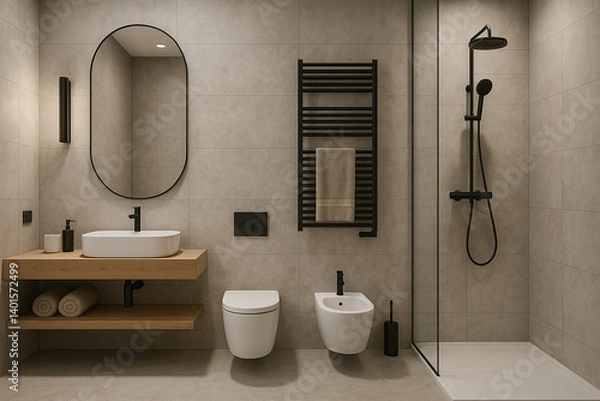 Fototapeta The modern bathroom interior is designed in a minimalist style. The room is complemented by a wooden hanging cabinet with a white sink, black faucets and a stylish shower corner with a tropical shower