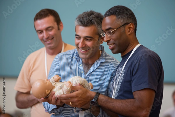 Obraz Men practicing newborn care at parenting class