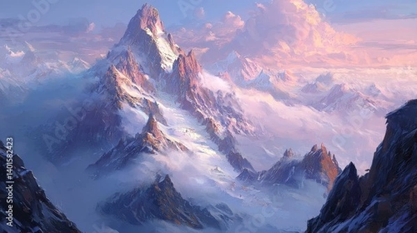 Obraz A breathtaking mountain landscape with majestic peaks, shrouded in clouds and illuminated by a soft, colorful sky.