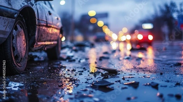 Obraz A close-up view of a car tire on a wet street, surrounded by debris and illuminated by blurred city lights in the background.