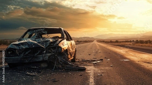 Obraz A wrecked car sits abandoned on a desolate road, framed by a dramatic sunset and distant mountains, evoking a sense of isolation and decay.