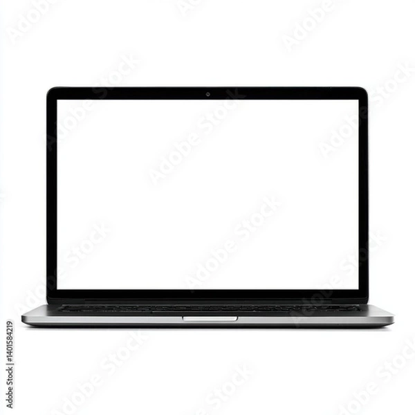 Fototapeta Front view of a laptop with a blank white screen isolated on white background