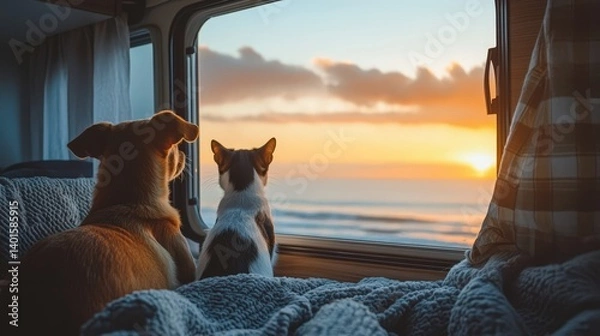 Obraz A dog and cat peacefully watch a stunning sunset from an RV window, snuggled in a cozy blanket.