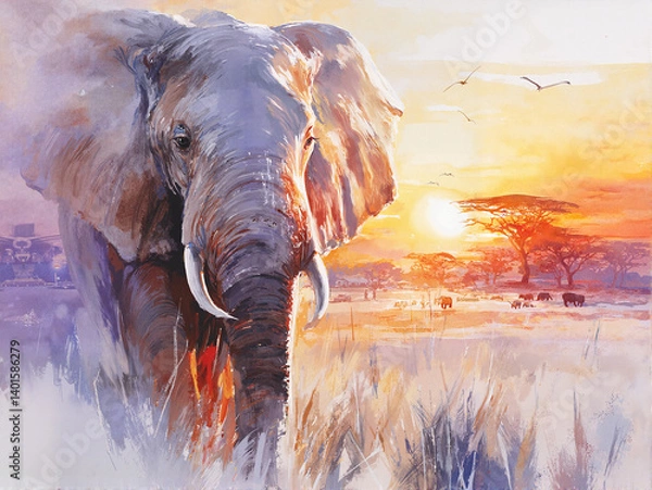 Obraz Majestic elephant walking in savanna during sunset  
