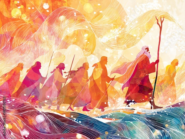 Obraz Exodus of the Jews from Egypt with Moses on a bright background