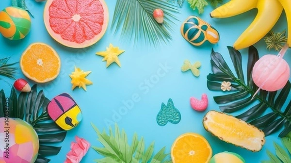 Fototapeta Colorful Tropical Fruits and Decorative Items Arranged on a Vibrant Blue Background, Creating a Lively Summer Vibe Perfect for a Party Setup or a Picnic