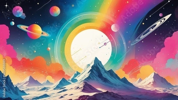 Obraz Surreal space landscape in vibrant colors with mountains and planets