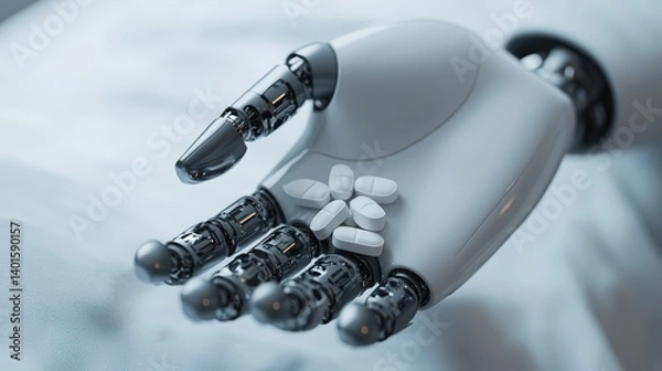 Obraz A robotic hand holds white pills, symbolizing the intersection of technology and healthcare.