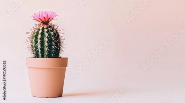 Obraz A vibrant cactus with a pink flower, placed in a simple pot, against a soft background, showcasing a blend of nature and minimalism.