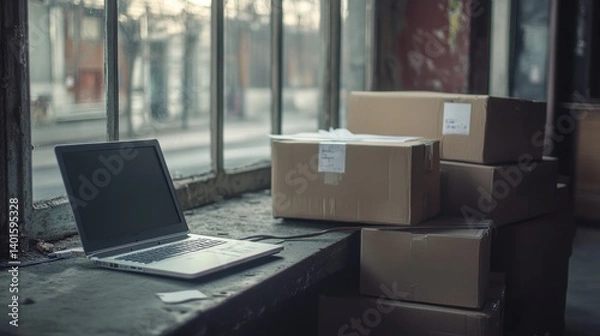 Obraz A laptop rests beside stacked cardboard boxes in a derelict, window-filled space. The scene evokes abandonment and forgotten commerce