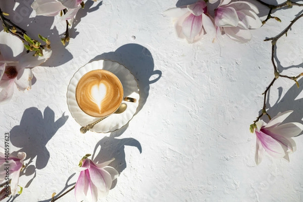 Fototapeta A soft and elegant flat lay featuring delicate magnolia blossoms arranged around the edges of a lightly textur background for invitations, seasonal branding, website headers, or minimalistic wall art.
