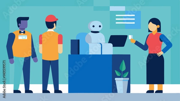 Obraz Hospitality Industry Change An showing human staff serving guests in a hotel lobby versus a service robot checking in guests and providing information at a kiosk