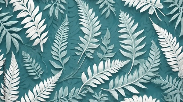 Obraz White paper fern leaves pattern on teal background