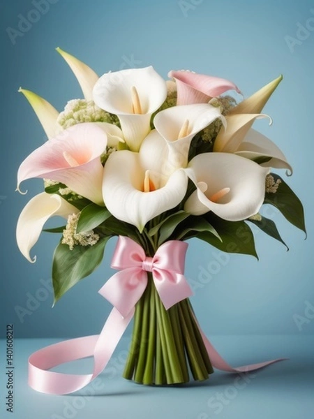 Obraz White and pink calla lilies bouquet with pink  ribbon on blue background