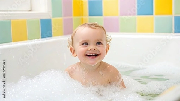 Fototapeta Cute Toddlers concept A joyful baby enjoying a bubble bath in a colorful bathroom setting.